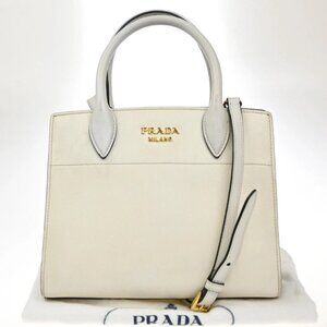 PRADA MILANO Logo 2Way Shoulder Hand Bag Saffiano Leather White GHW 14KP366